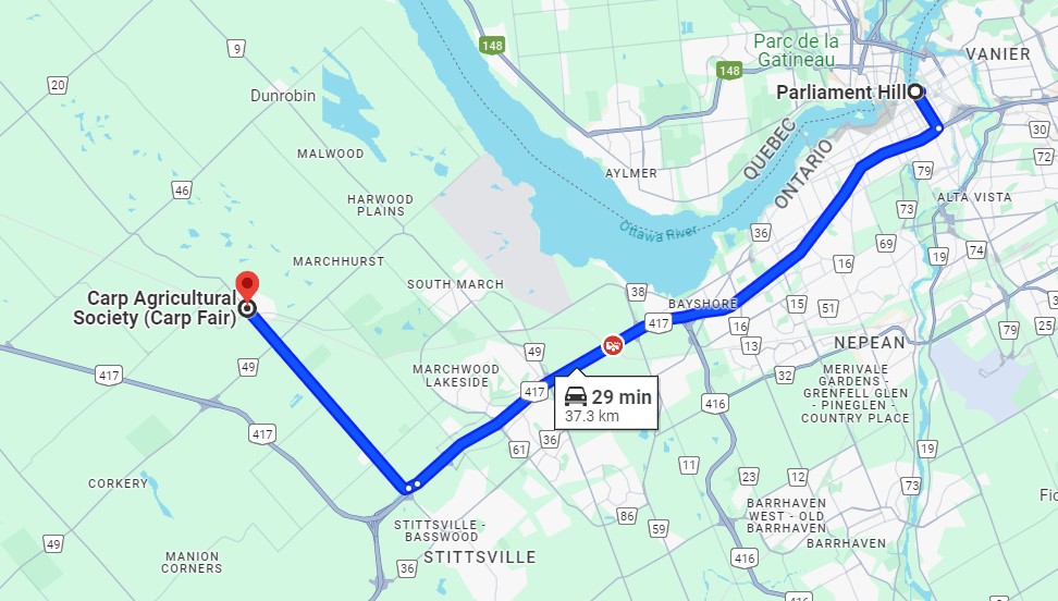 Distance from Parliament Hill to Carp